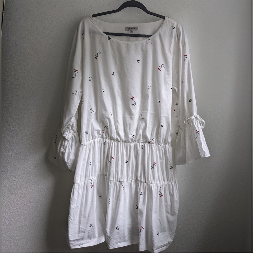 Madewell Embroidered Tiered Dress Size XL White 100% Cotton Abstract Face Print - Picture 4 of 7